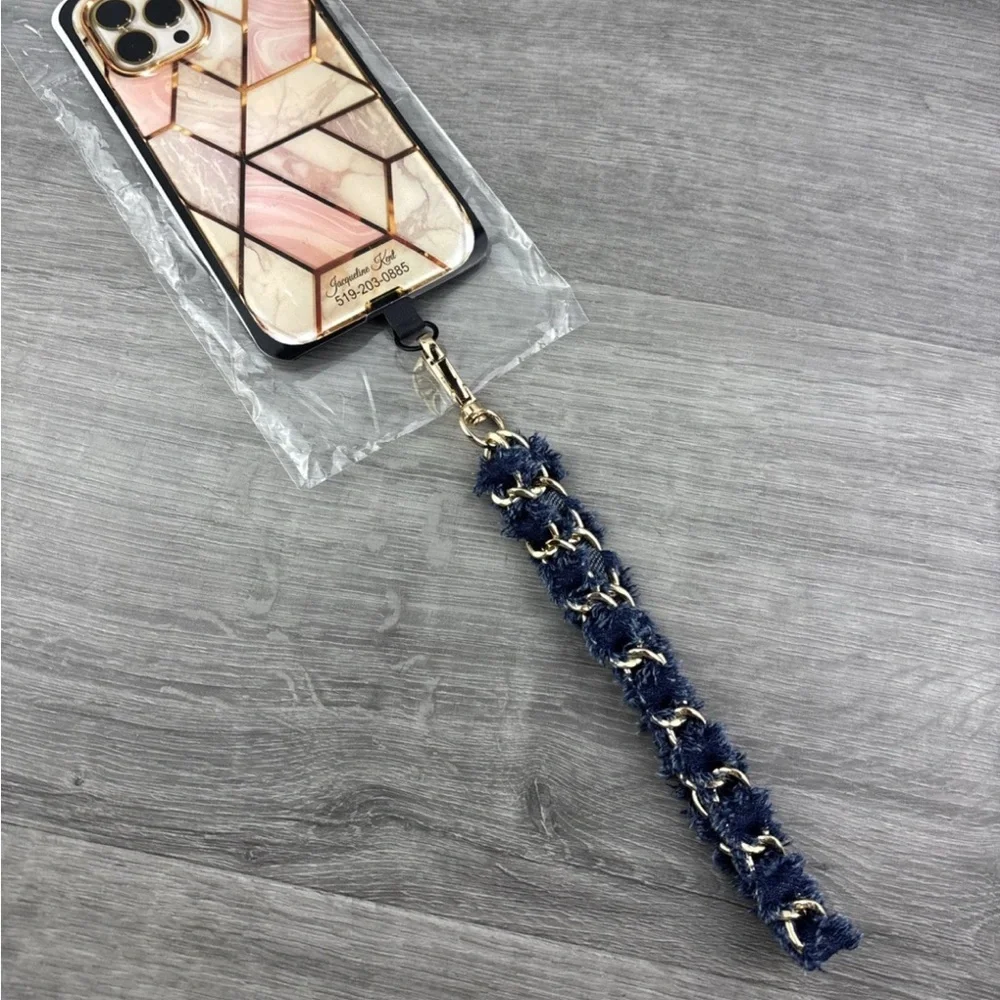 Jacqueline Kent Blue And Hold Fuzzy Phone Lanyard Holder Wrist Strap
